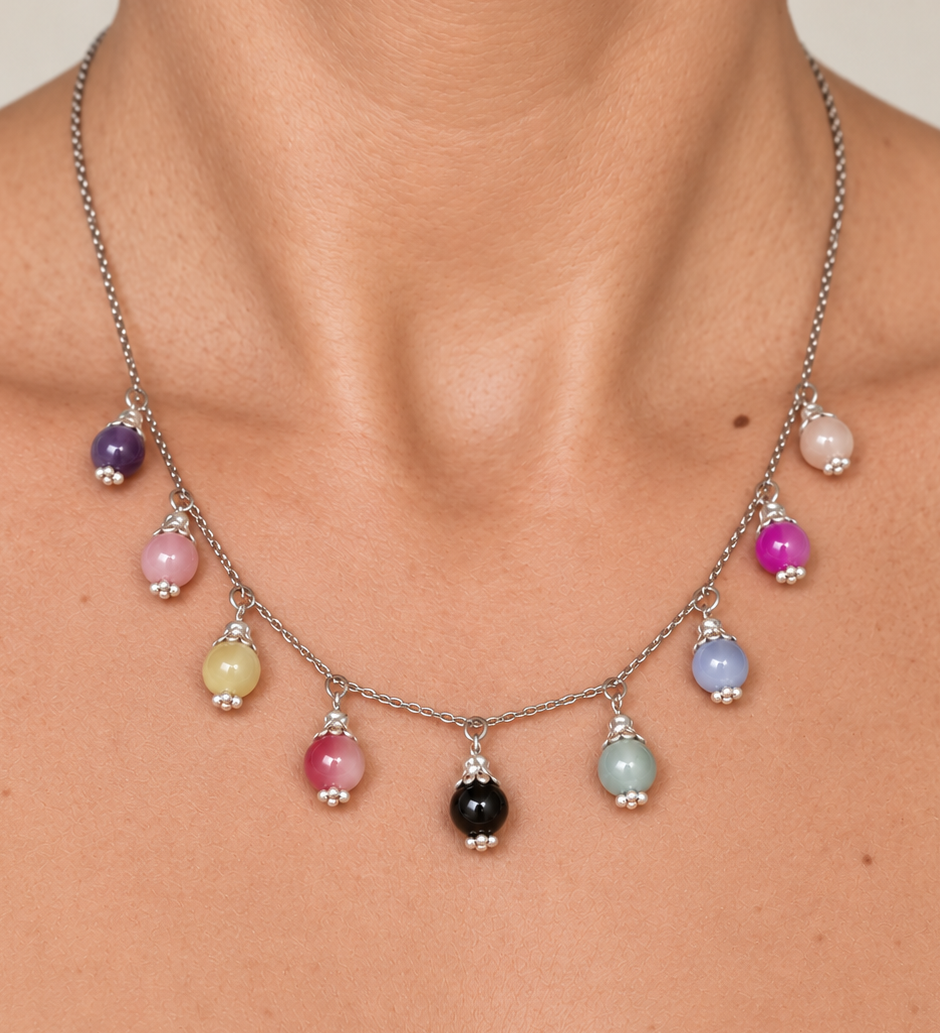 Charm-Kette 9 bunte Glasperlen silberfarben handgefertigt