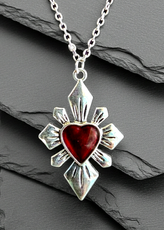 Halskette Sacred Heart Kreuz – Edelstahl silber mit rotem Herz