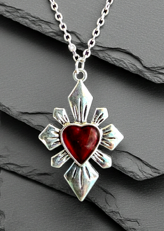 Halskette Sacred Heart Kreuz – Edelstahl silber mit rotem Herz