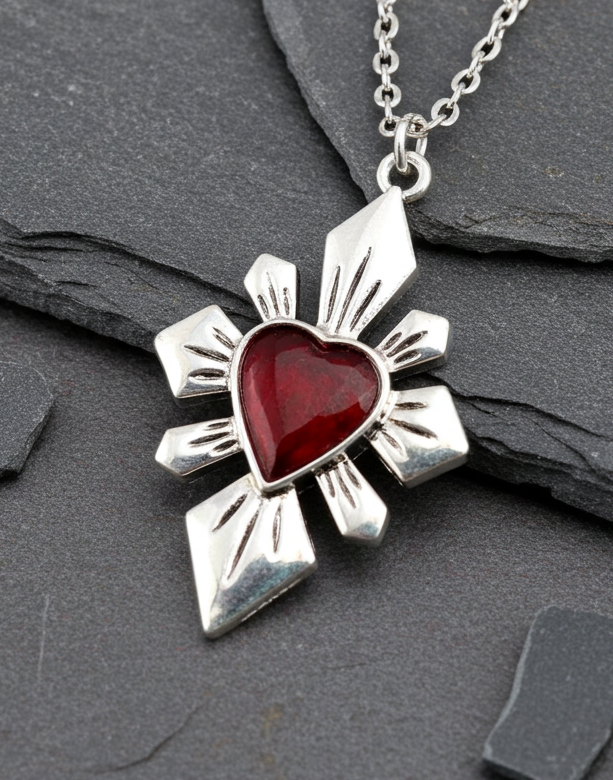 Halskette Sacred Heart Kreuz – Edelstahl silber mit rotem Herz