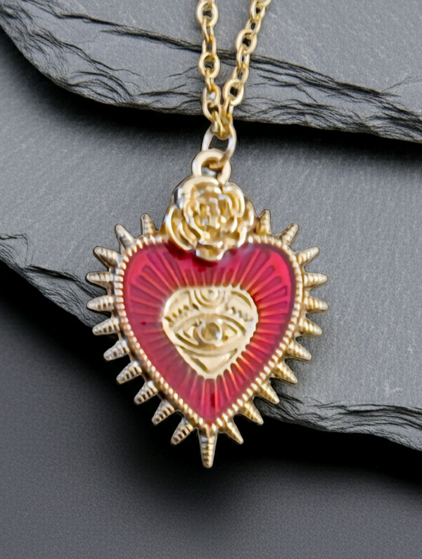 Halskette Sacred Heart Rose & All-Seeing Eye – Edelstahl goldfarben