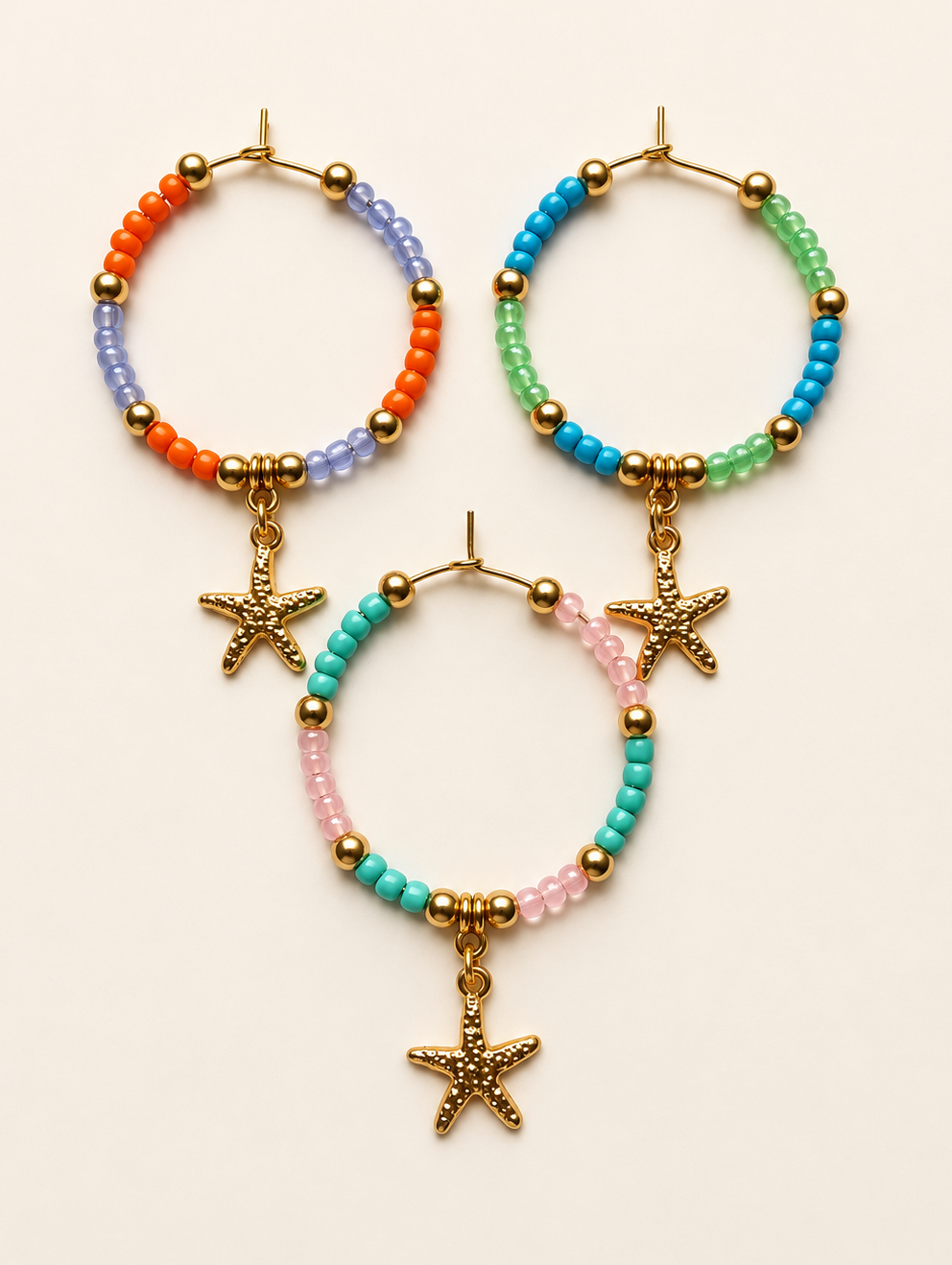 Creolen bunte Glasperlen Seestern-Anhänger handgefertigt goldfarben