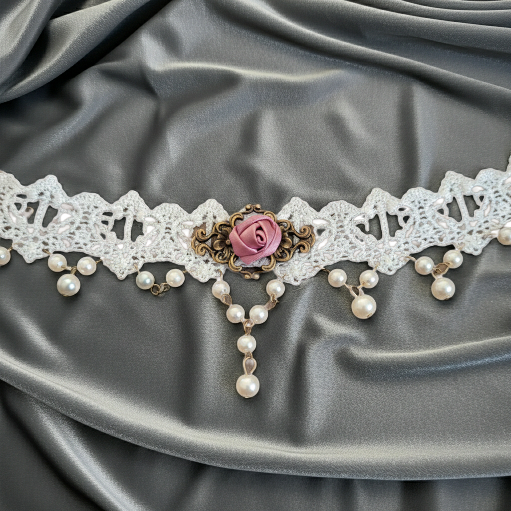 Choker weiß mit Rose und Perlen