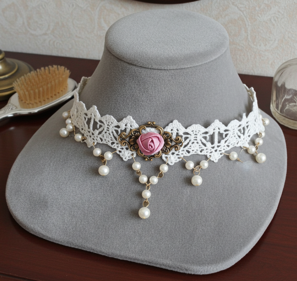 Choker weiß mit Rose und Perlen
