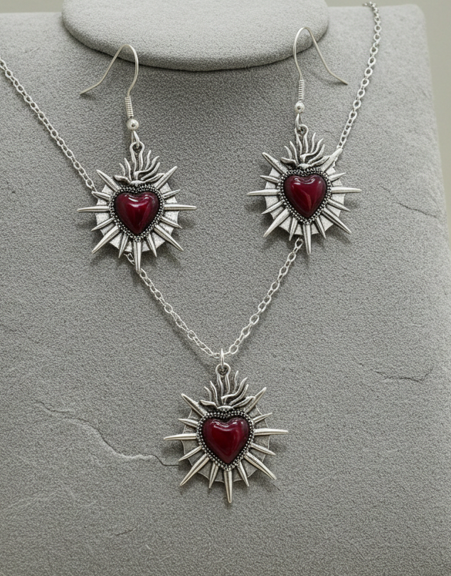 Schmuckset Sacred Heart Kette Ohrringe silberfarben