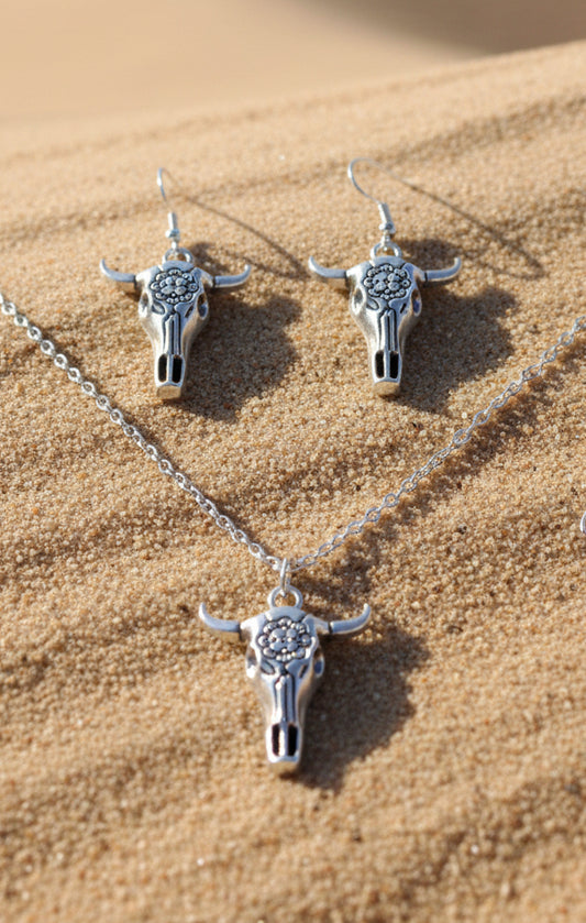 Schmuckset Büffelschädel Western silberfarben