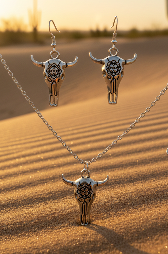 Schmuckset Büffelschädel Western silberfarben