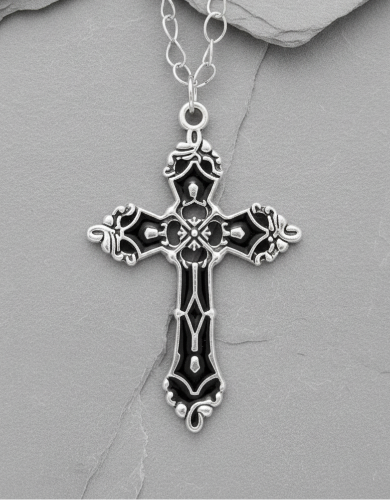 Gotische Kreuz-Kette Rot/Schwarz-Silber