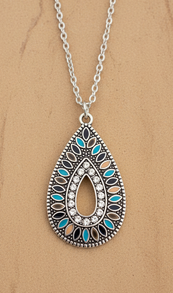 Kette Boho Tropfen silberfarben bunt Zirkonia Edelstahl