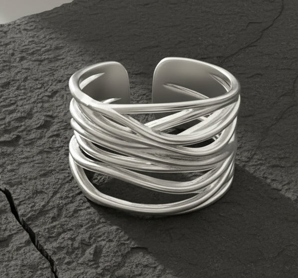 Breiter Ring 925 Silber mit Flechtmuster verstellbar One Size