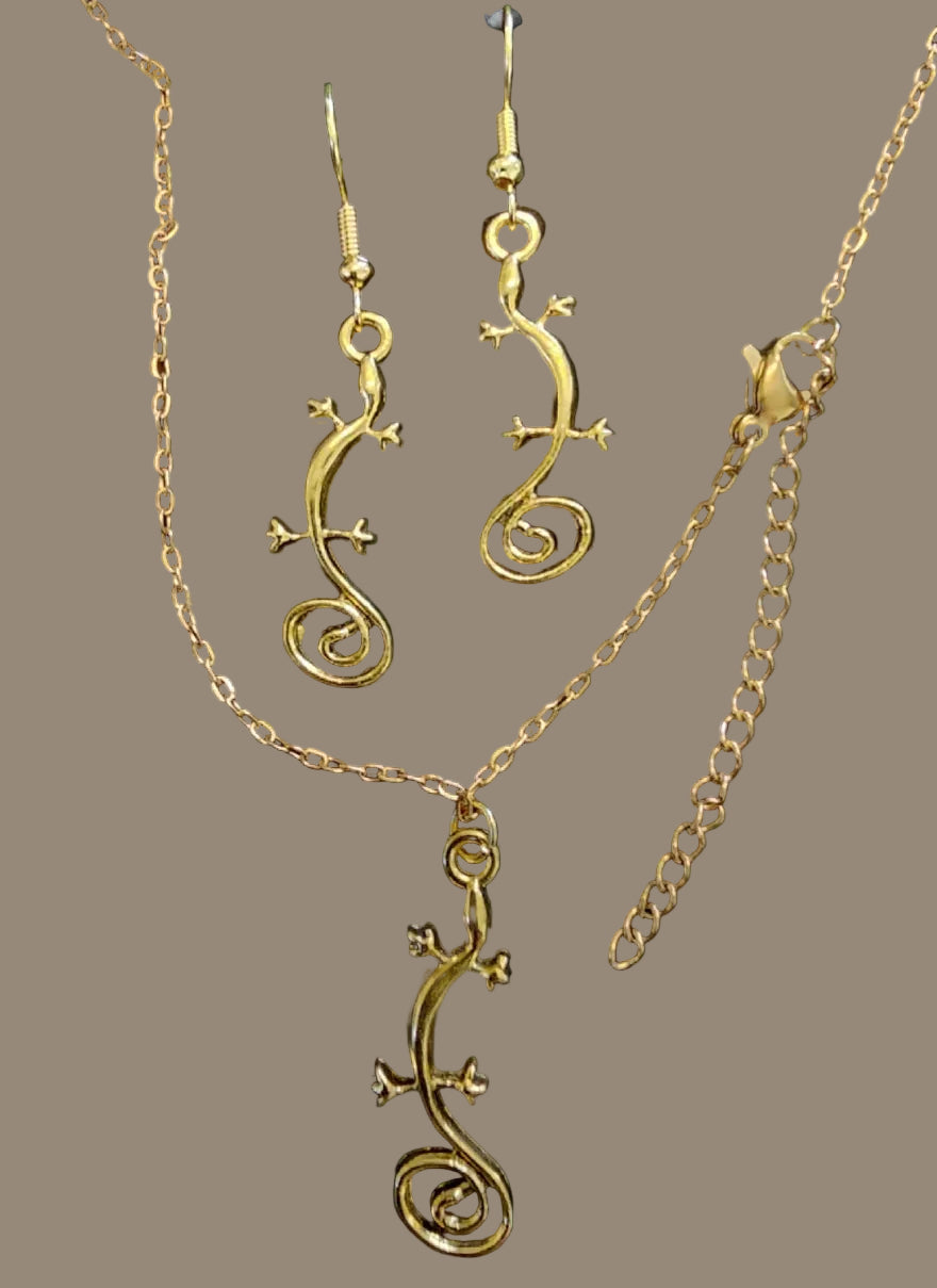 Gecko Schmuckset Kette und Ohrringe goldfarben