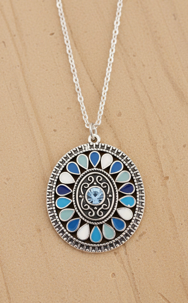Kette Mandala Blüte silberfarben blau Zirkonia Edelstahl