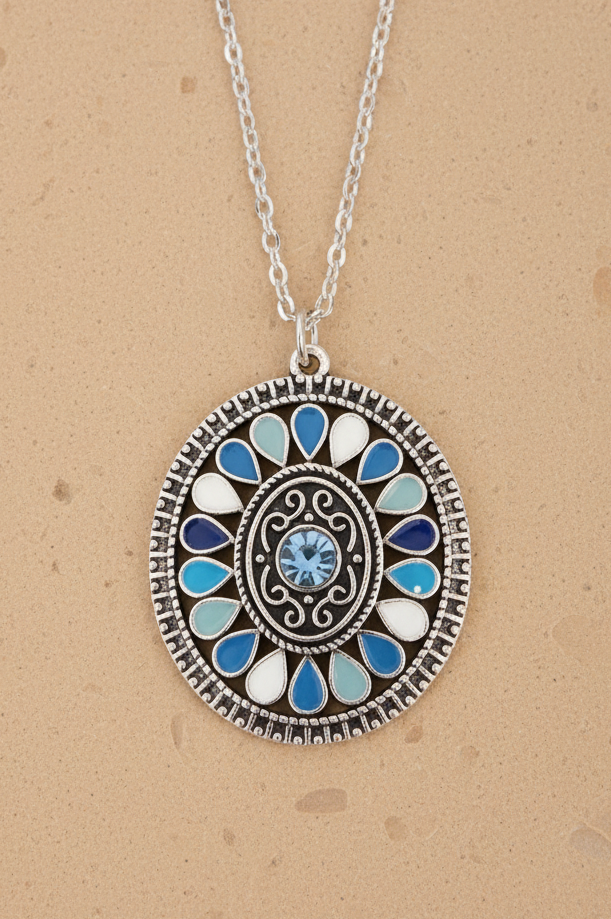 Kette Mandala Blüte silberfarben blau Zirkonia Edelstahl