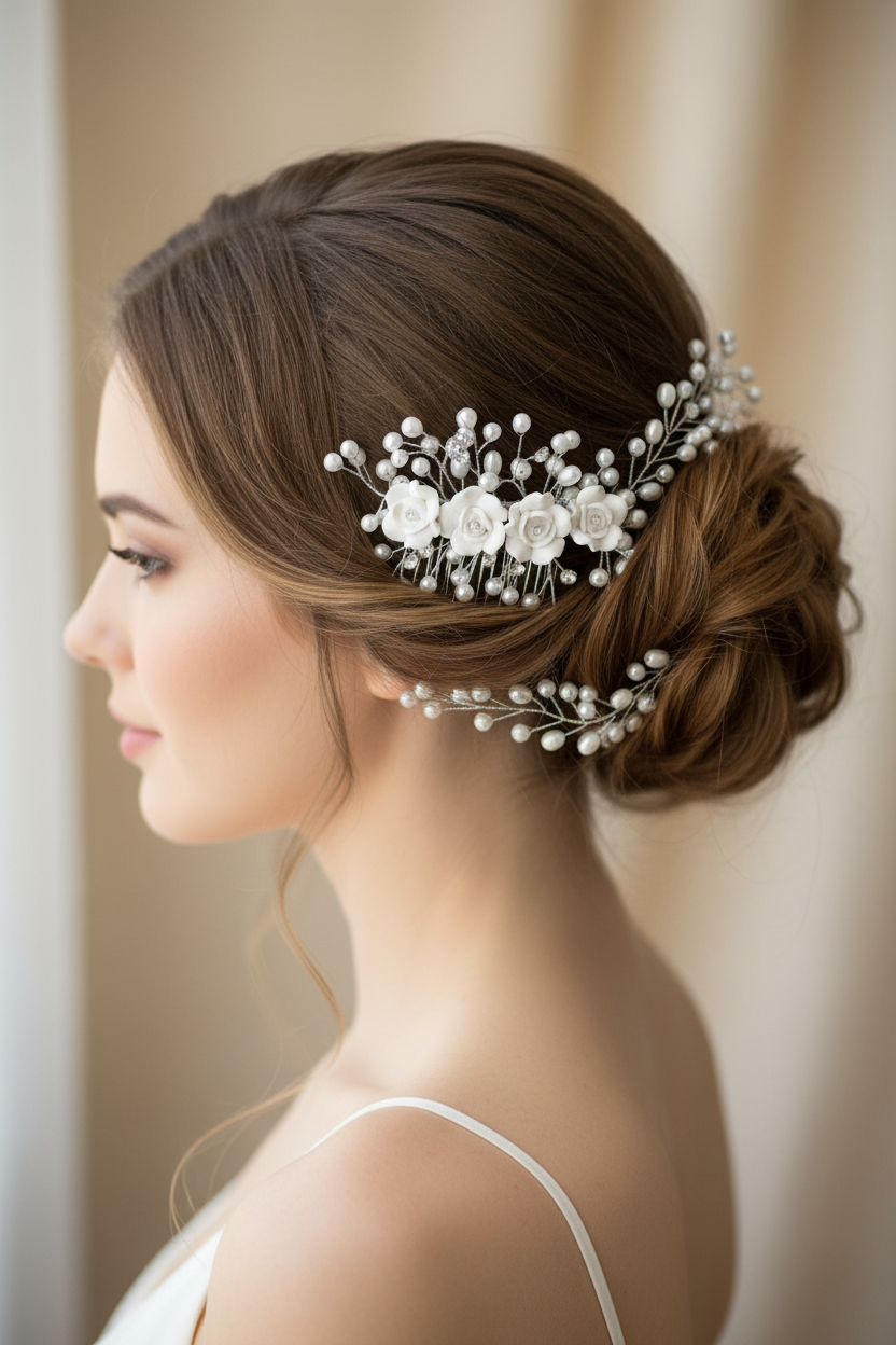 Brautschmuck Haarkamm mit Perlen und Rosen lang