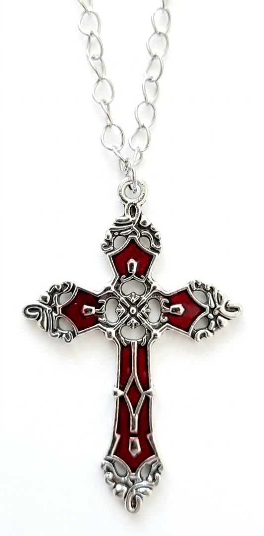 Gotische Kreuz-Kette Rot/Schwarz-Silber