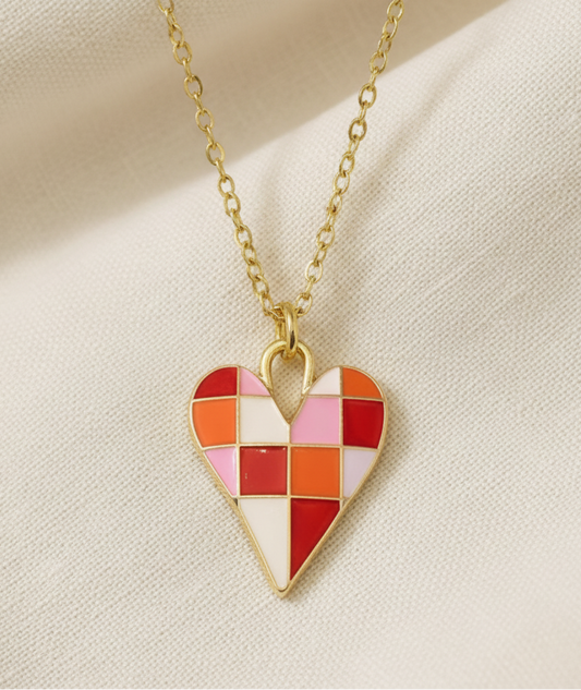 Kette Herz Karo goldfarben rot pink Edelstahl