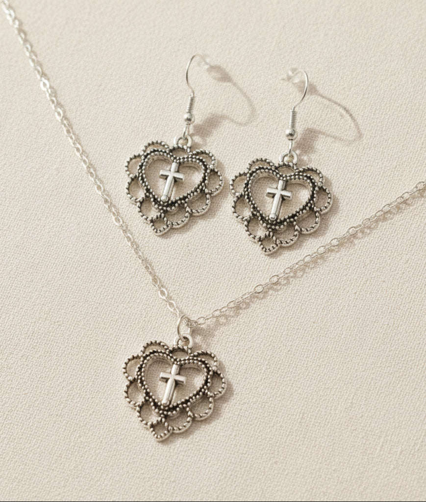 Schmuckset Herz Kreuz silberfarben