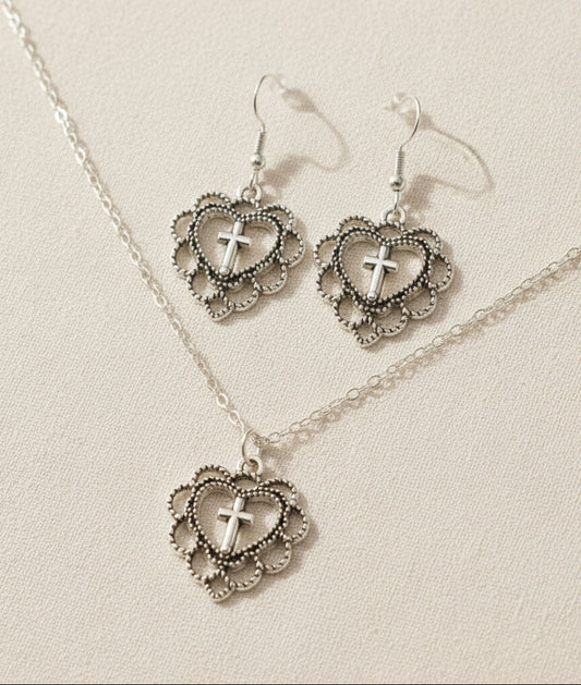 Schmuckset Herz Kreuz silberfarben