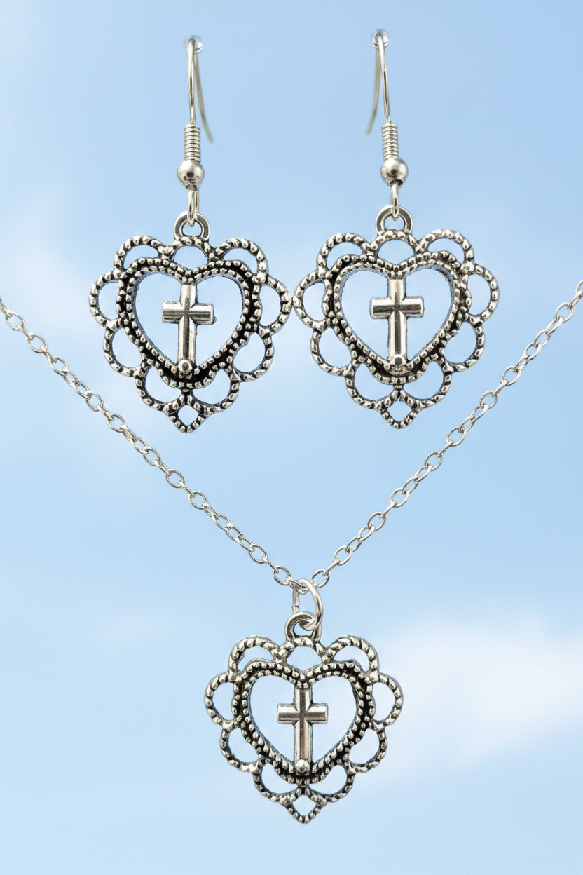 Schmuckset Herz Kreuz silberfarben