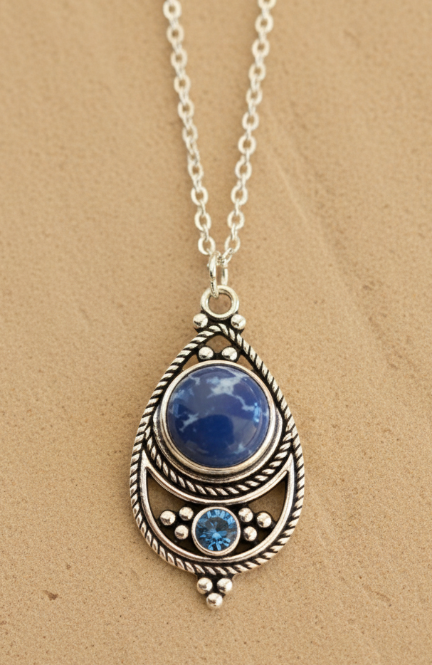 Kette Boho Tropfen silberfarben blau Zirkonia Edelstahl