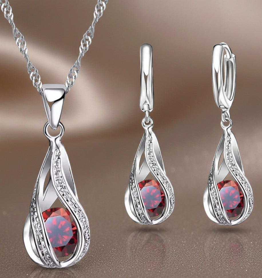 Schmuckset Tropfen 925 Silber mit rotem Zirkonia