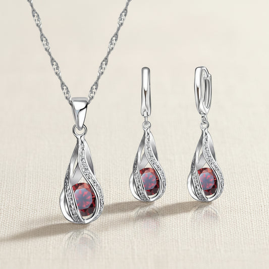 Schmuckset Tropfen 925 Silber mit rotem Zirkonia