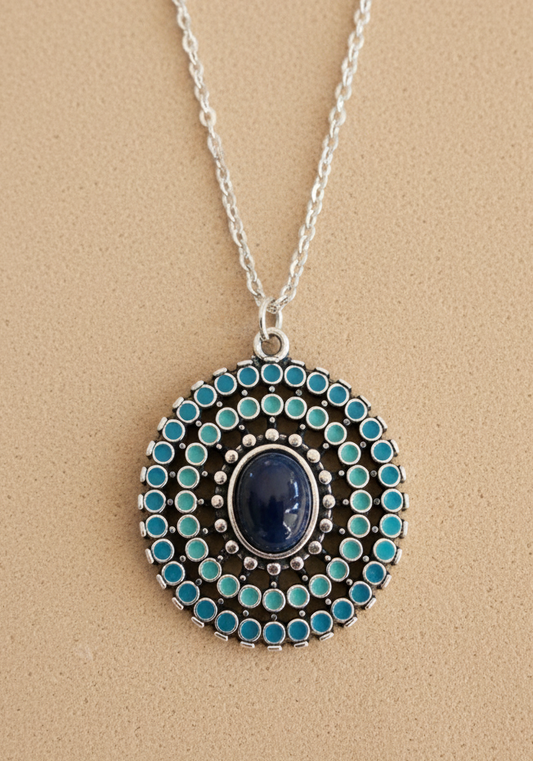 Kette Mandala silberfarben türkis Edelstahl
