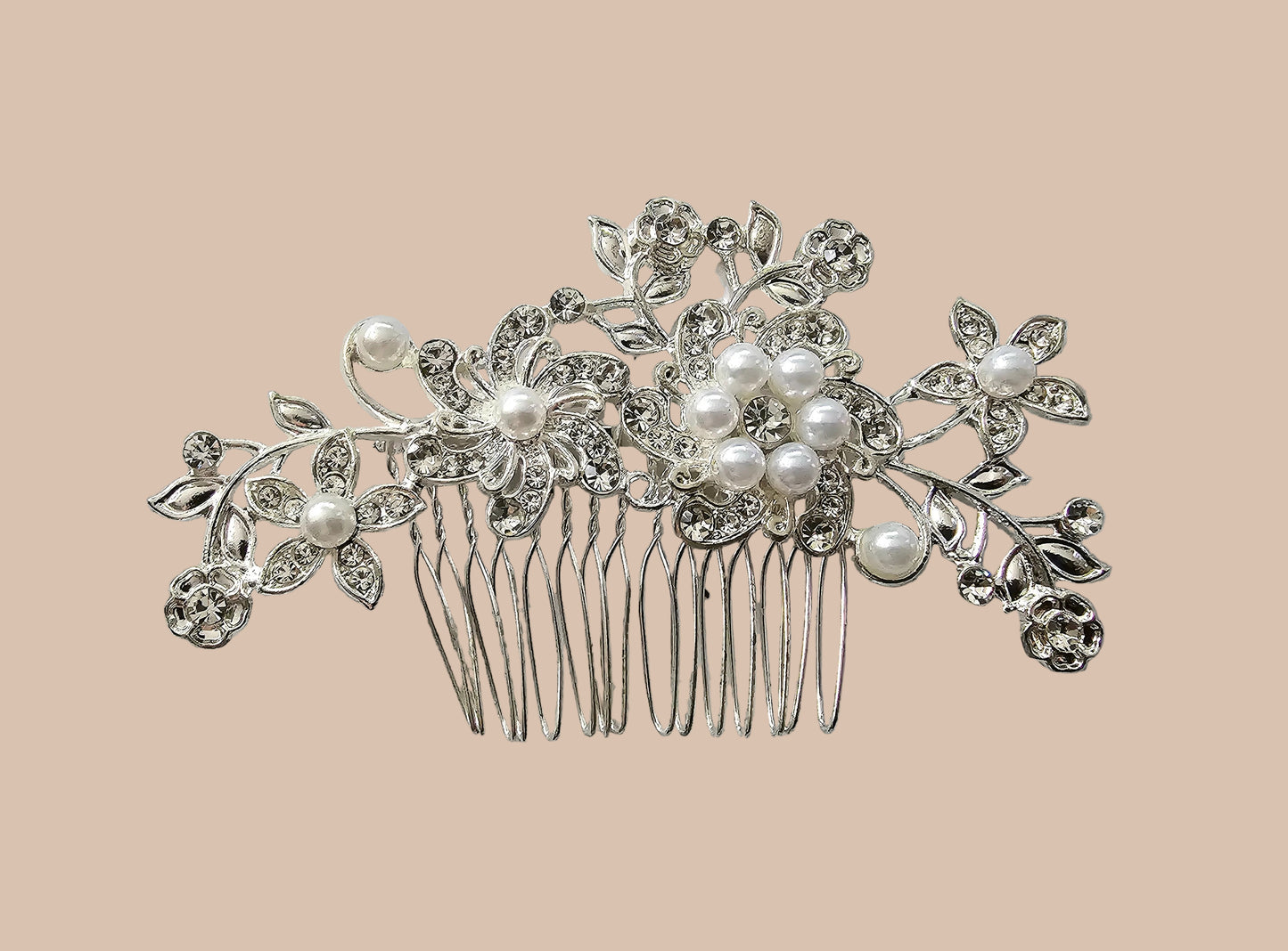 Brautschmuck Haarkamm mit Strass-Blüten und Perlen