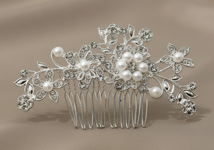 Brautschmuck Haarkamm mit Strass-Blüten und Perlen