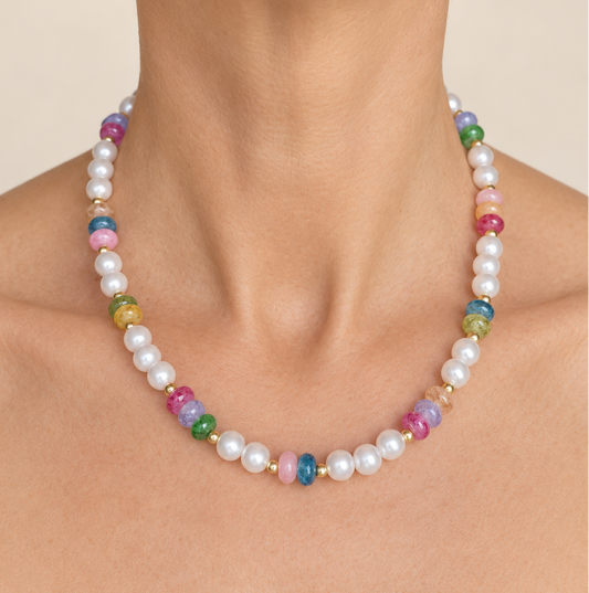 Bunte Perlenkette mit weißen Acrylperlen und Rondellen – goldfarben