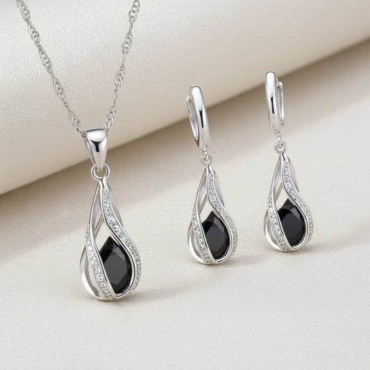 Schmuckset Tropfen 925 Silber mit schwarzem Zirkonia