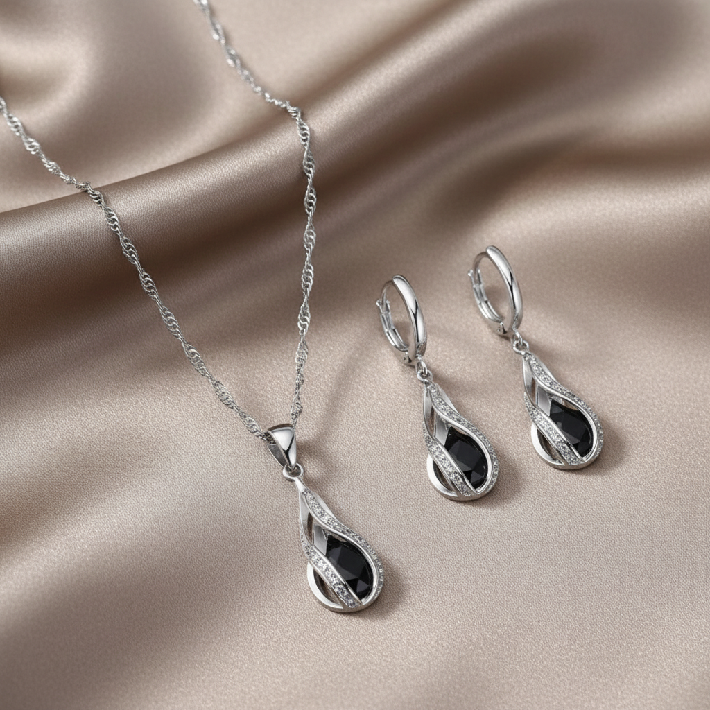 Schmuckset Tropfen 925 Silber mit schwarzem Zirkonia