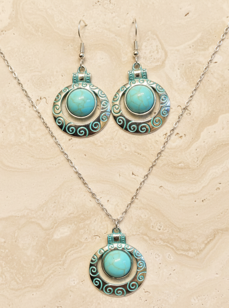 Schmuckset Boho Türkis Spirale silberfarben