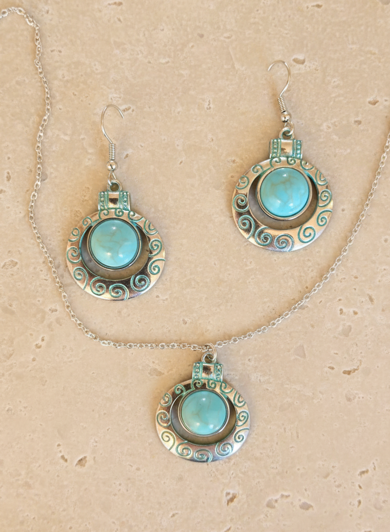 Schmuckset Boho Türkis Spirale silberfarben