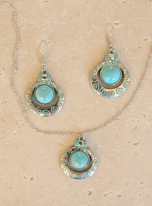 Schmuckset Boho Türkis Spirale silberfarben