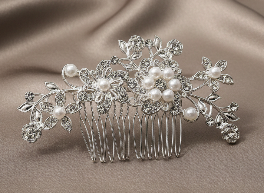 Brautschmuck Haarkamm mit Strass-Blüten und Perlen