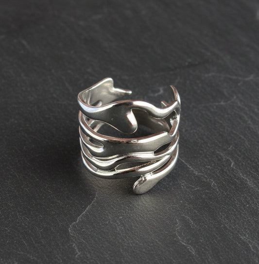 Wellen Ring Edelstahl silberfarben größenverstellbar