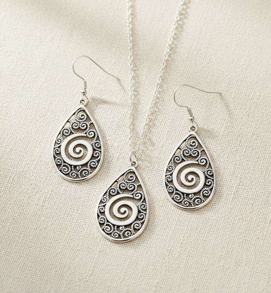 Schmuckset Boho Tropfen-Spirale silberfarben Edelstahl