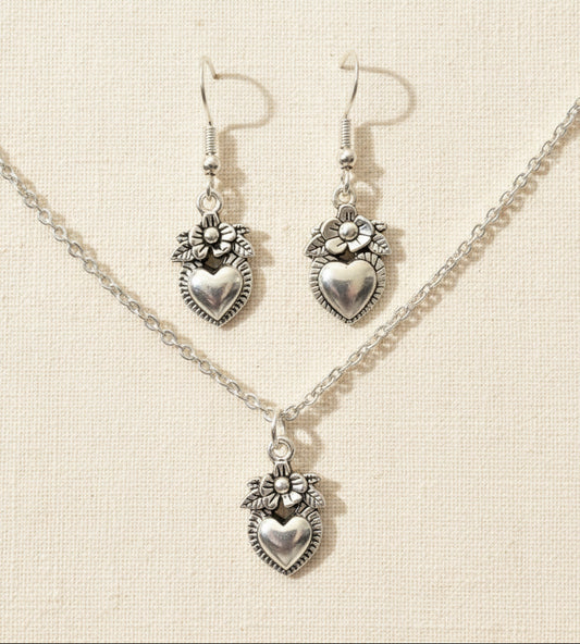 Schmuckset Blumen-Herz silberfarben