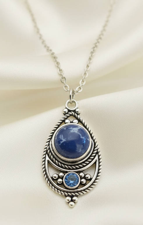 Kette Boho Tropfen silberfarben blau Zirkonia Edelstahl