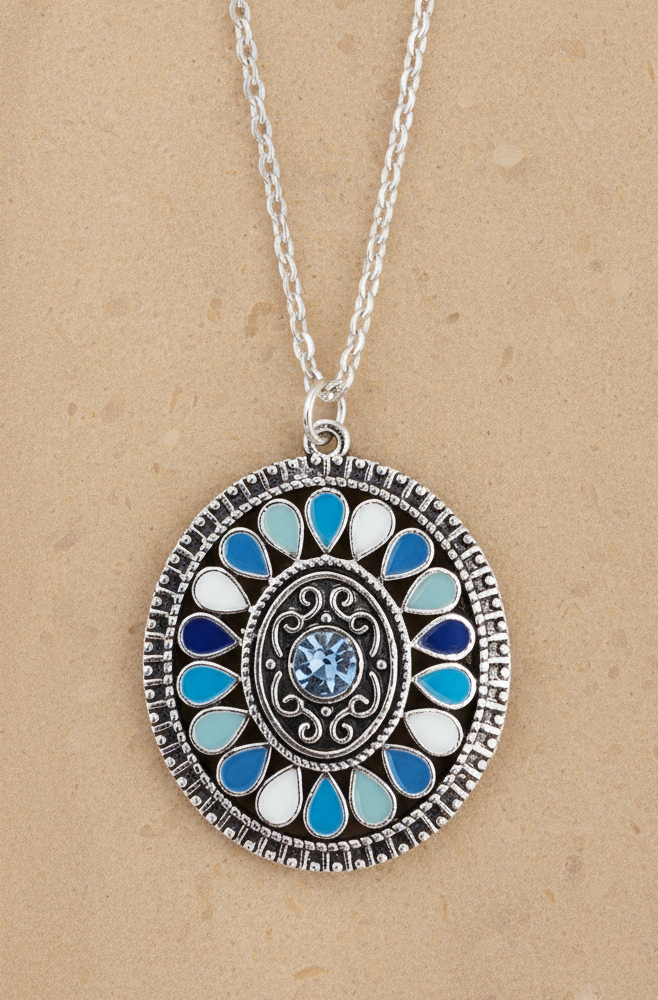 Kette Mandala Blüte silberfarben blau Zirkonia Edelstahl