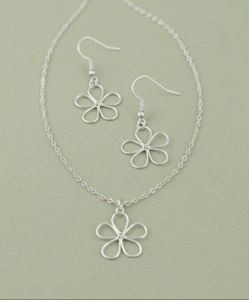 Schmuckset Blume silberfarben Edelstahl Kette und Ohrringe mit offenem Blumen-Anhänger