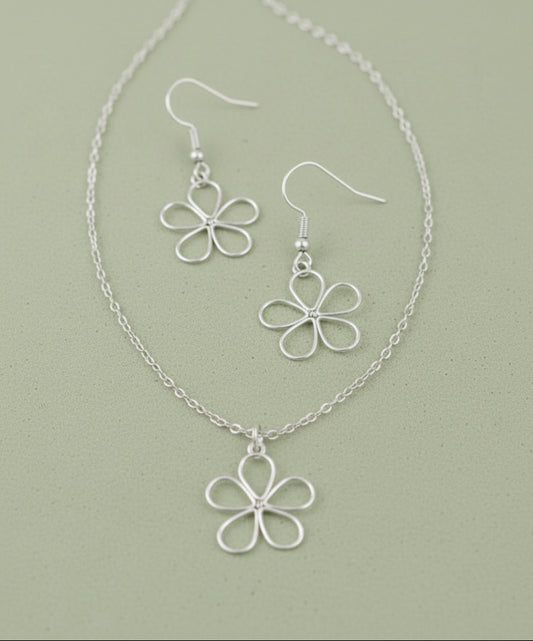 Schmuckset Blume silberfarben Edelstahl Kette und Ohrringe mit offenem Blumen-Anhänger