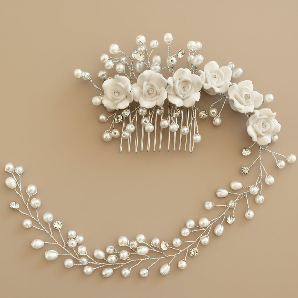 Brautschmuck Haarkamm mit Perlen und Rosen