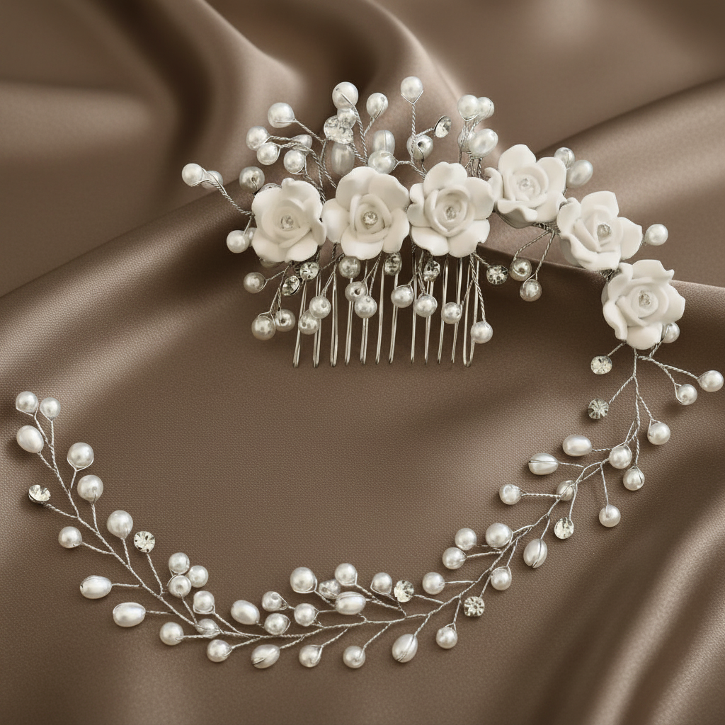 Brautschmuck Haarkamm mit Perlen und Rosen lang