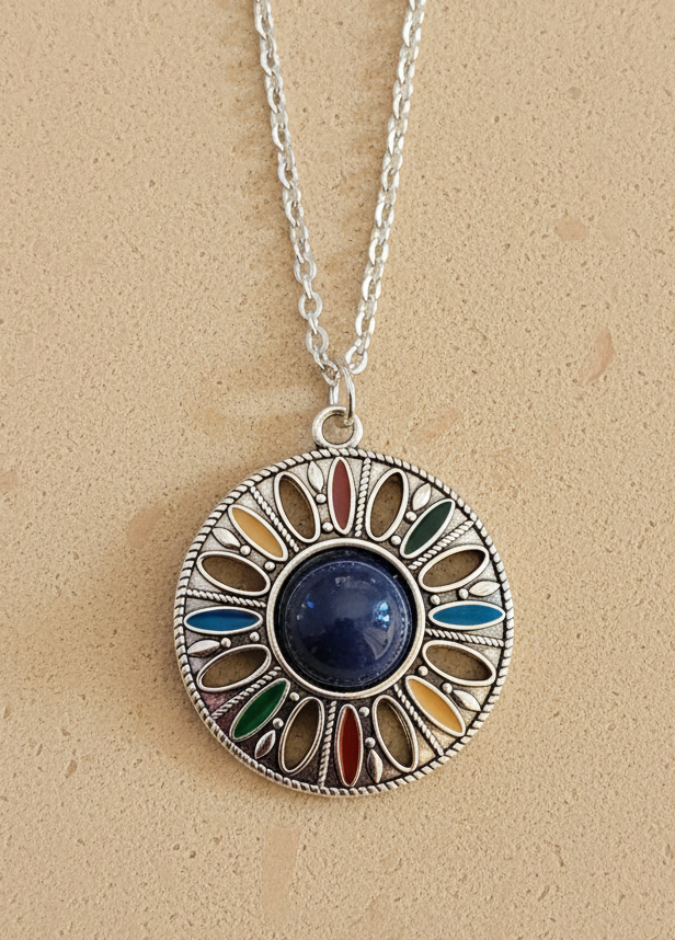 Kette Mandala silberfarben bunt Edelstahl
