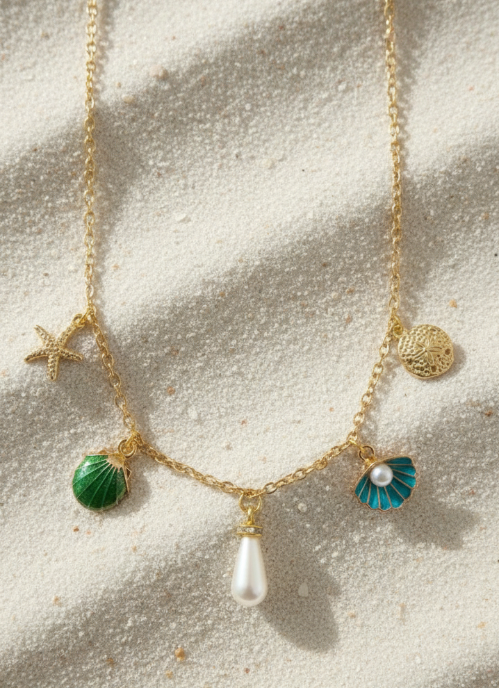 Halskette Meerestiere Charms mit Perle goldfarben handgefertigt