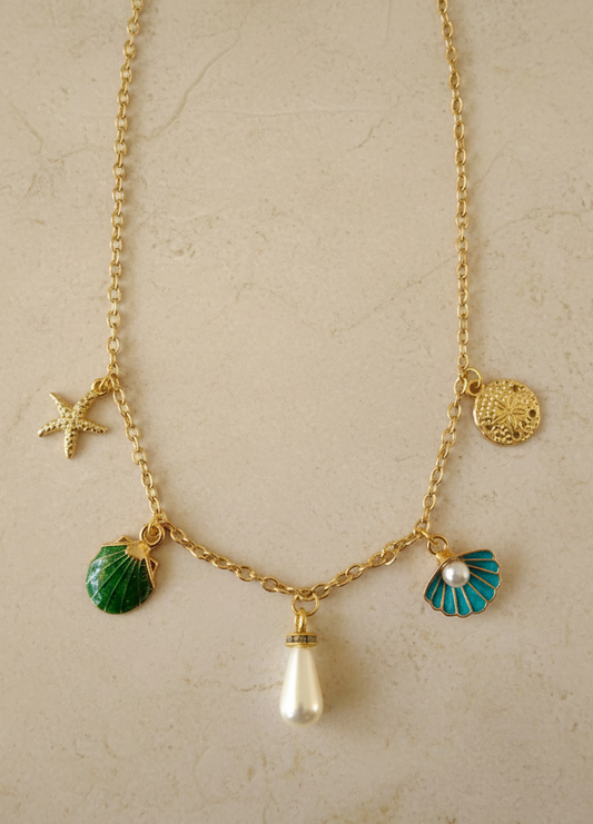 Halskette Meerestiere Charms mit Perle goldfarben handgefertigt