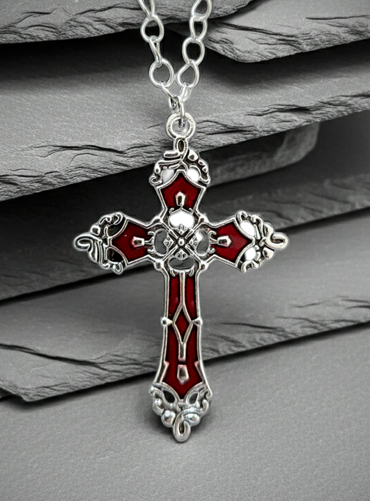 Gotische Kreuz-Kette Rot/Schwarz-Silber